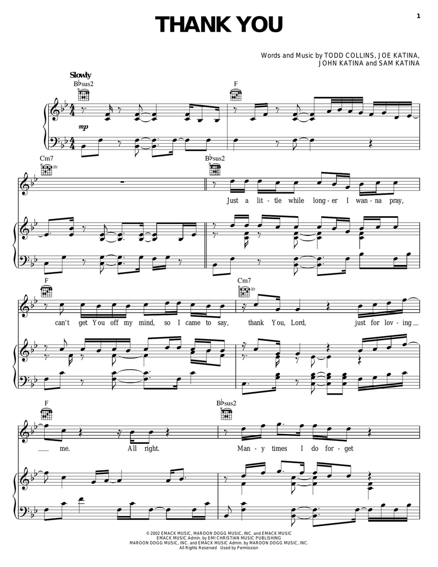 Thank You Thank You Piano, Vocal, Guitar scores gallery preview page 1