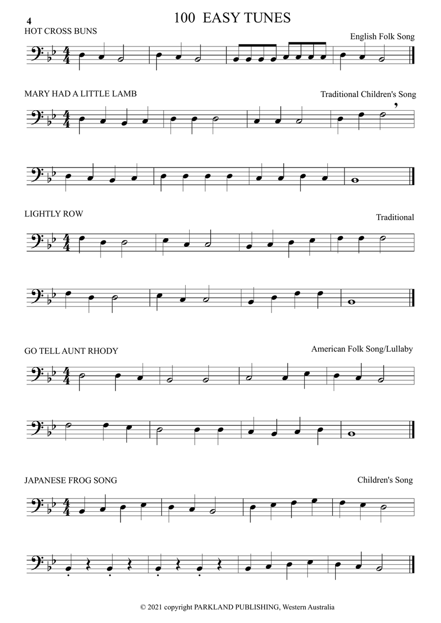 A LEARN TO PLAY. 100 EASY TUNES & 10 DUETS. Beginner DOUBLE BASS and BASS GUITAR in BASS CLEF. Double Bass scores gallery preview page 4