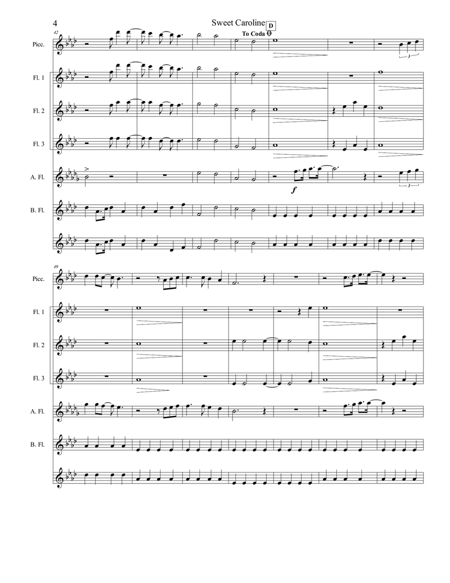 Sweet Caroline Flute Choir scores gallery preview page 5
