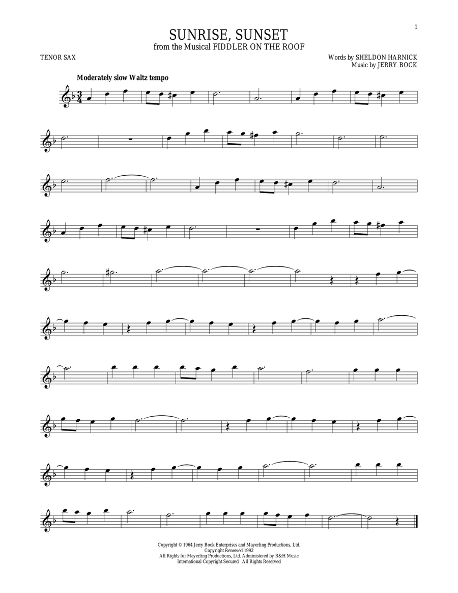 Sunrise, Sunset Sunrise, Sunset Tenor Saxophone scores gallery preview page 1