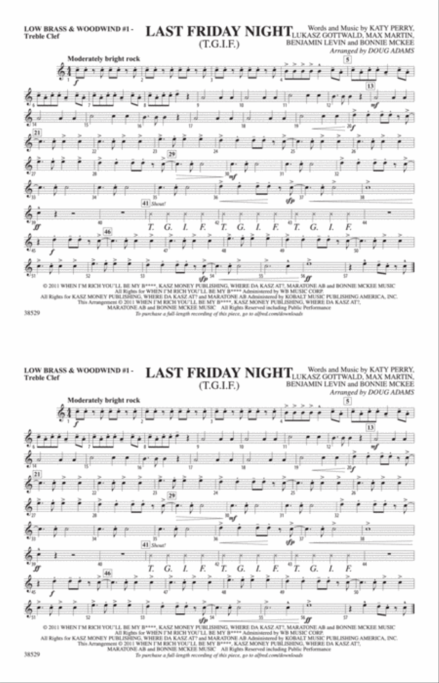 Last Friday Night (T.G.I.F.): Low Brass & Woodwinds #1 - Treble Clef Marching Band scores gallery preview page 1