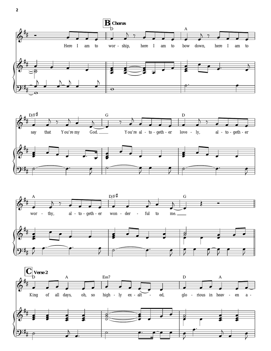 Here I Am To Worship Piano, Vocal scores gallery preview page 2