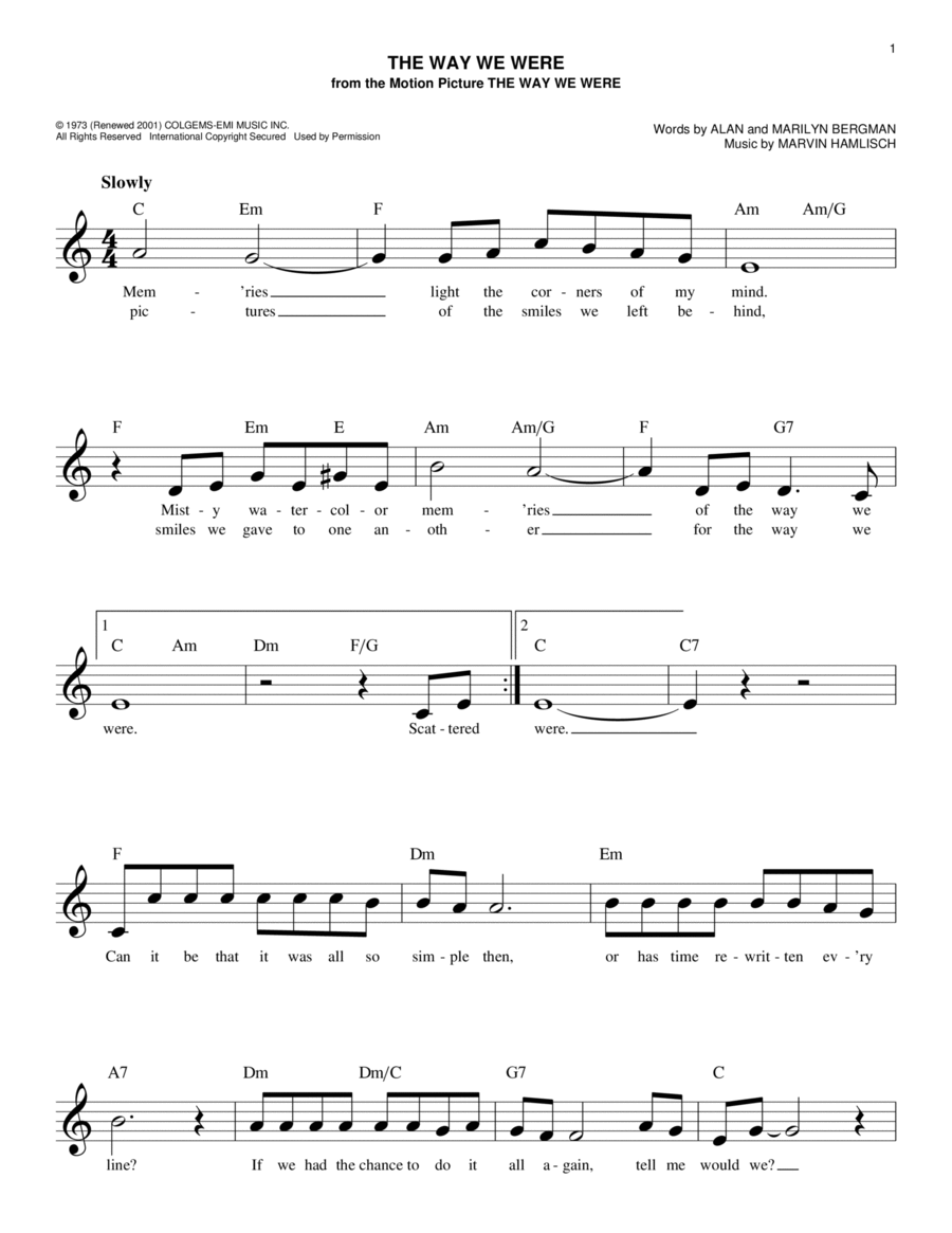 The Way We Were Piano scores gallery preview page 1