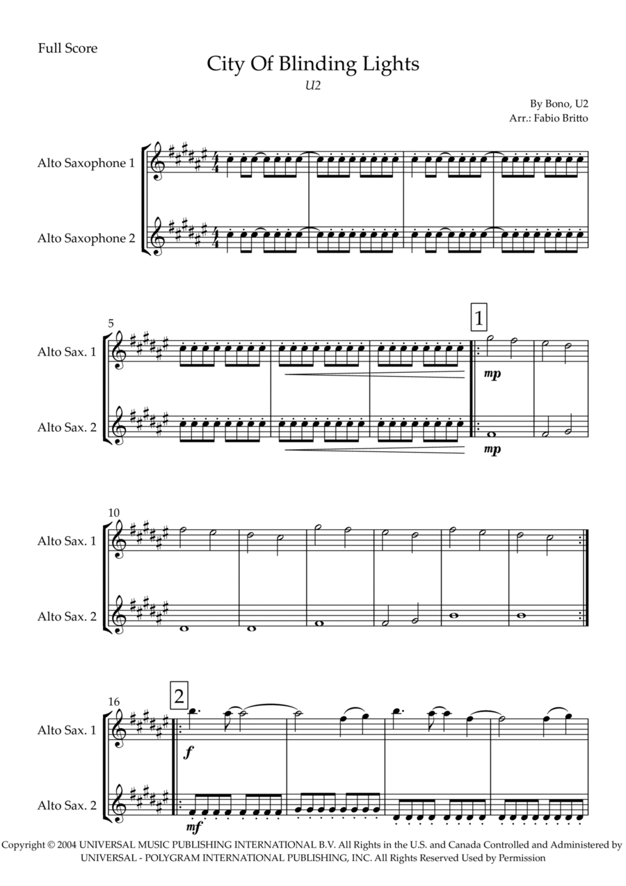 City Of Blinding Lights City Of Blinding Lights Woodwind Duet scores gallery preview page 1
