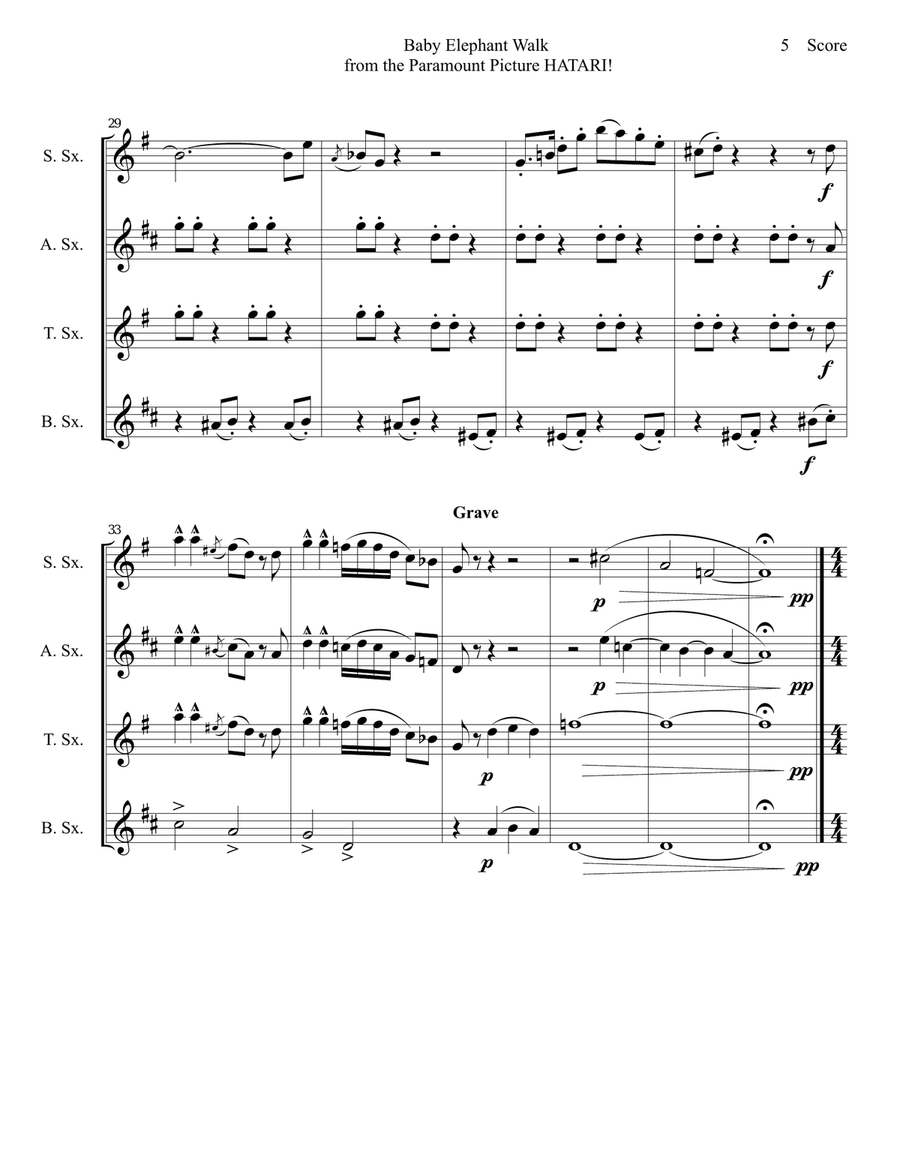 Baby Elephant Walk from the Paramount Picture HATARI! Saxophone Quartet scores gallery preview page 6