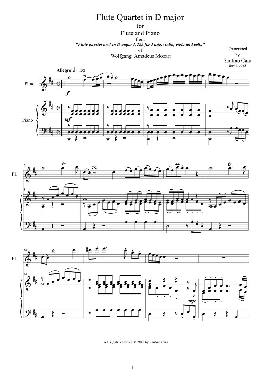 Mozart - Flute quartet in D K.285 - 1 Allegro - Version Flute and piano Flute Solo scores gallery preview page 1