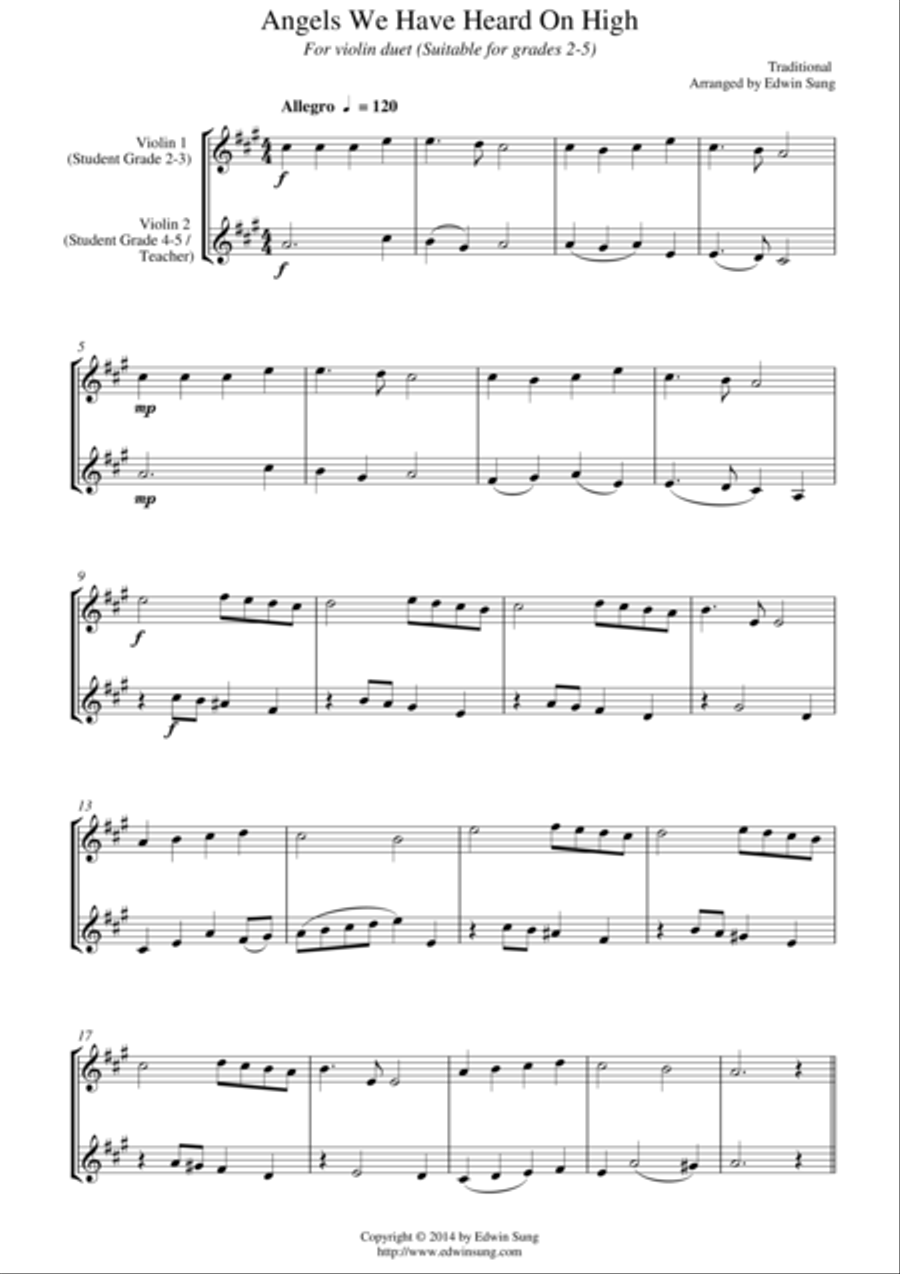 Angels We Have Heard On High (for violin duet, suitable for grades 2-5) String Duet scores gallery preview page 1