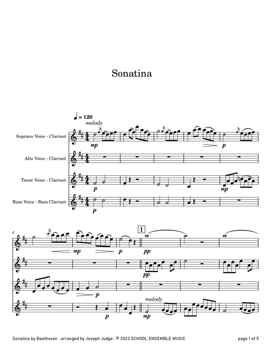 Sonatina by Beethoven for Clarinet Quartet in Schools Clarinet Quartet scores gallery preview page 1