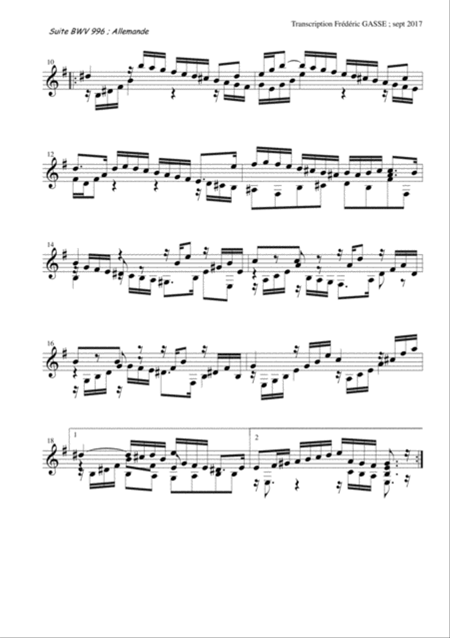 Suite BWV 996 for guitar of Johann Sébastien Bach