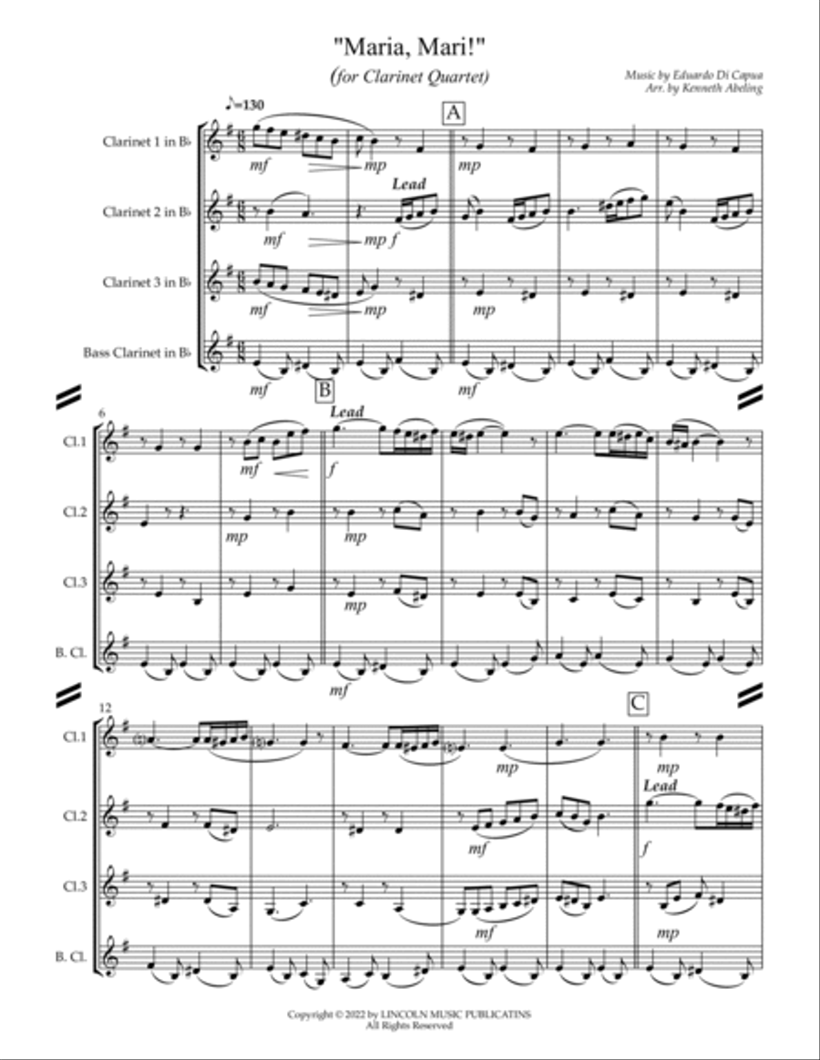 Maria, Mari! (Oh Marie) for Clarinet Quartet) Clarinet Quartet scores gallery preview page 2
