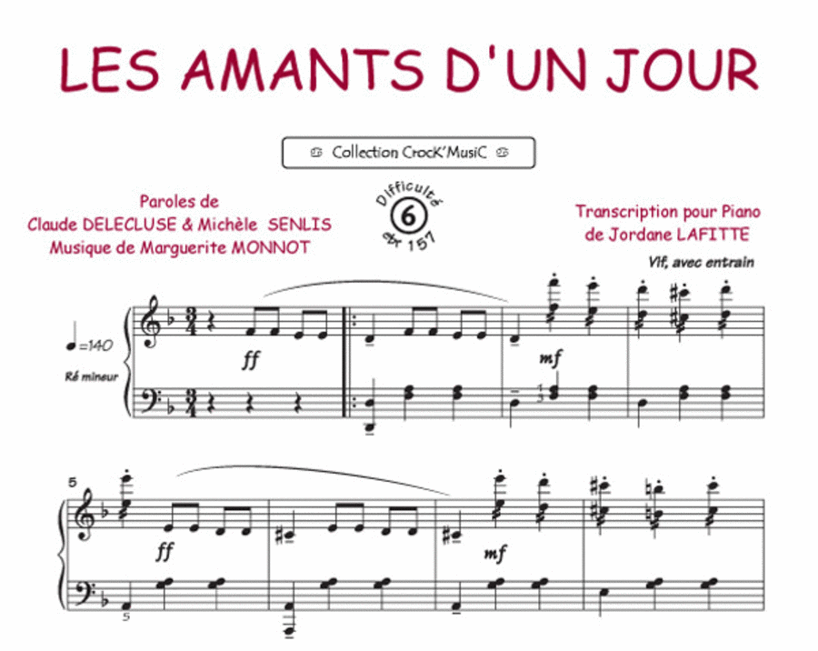 Les amants d'un jour (Collection CrocK'MusiC) Piano Solo scores gallery preview page 1