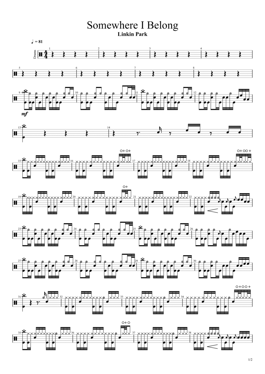 Somewhere I Belong Drum Set scores gallery preview page 1
