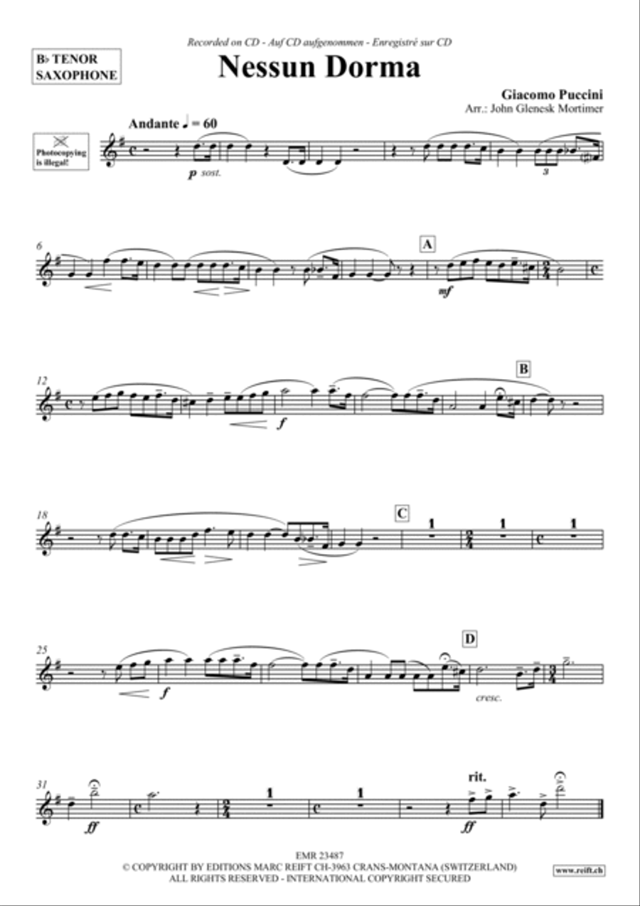 Nessun Dorma Tenor Saxophone scores gallery preview page 2