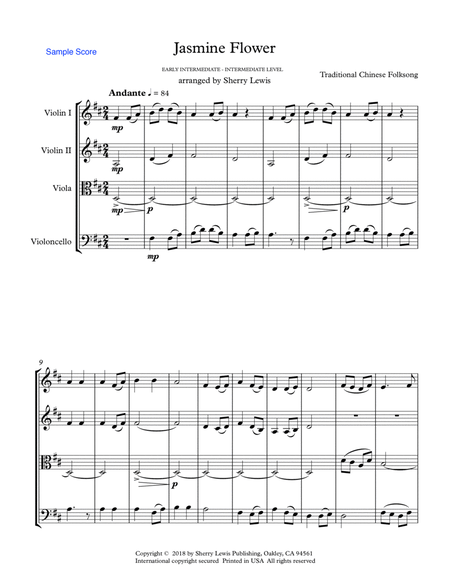 JASMINE FLOWER - Traditional Chinese Folk Song, String Quartet, Intermediate Level of 2 violins, vio image number null