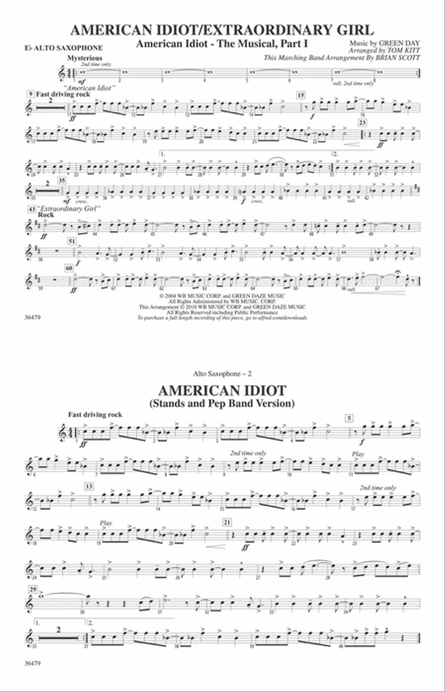 American Idiot / Extraordinary Girl: E-flat Alto Saxophone Marching Band scores gallery preview page 1