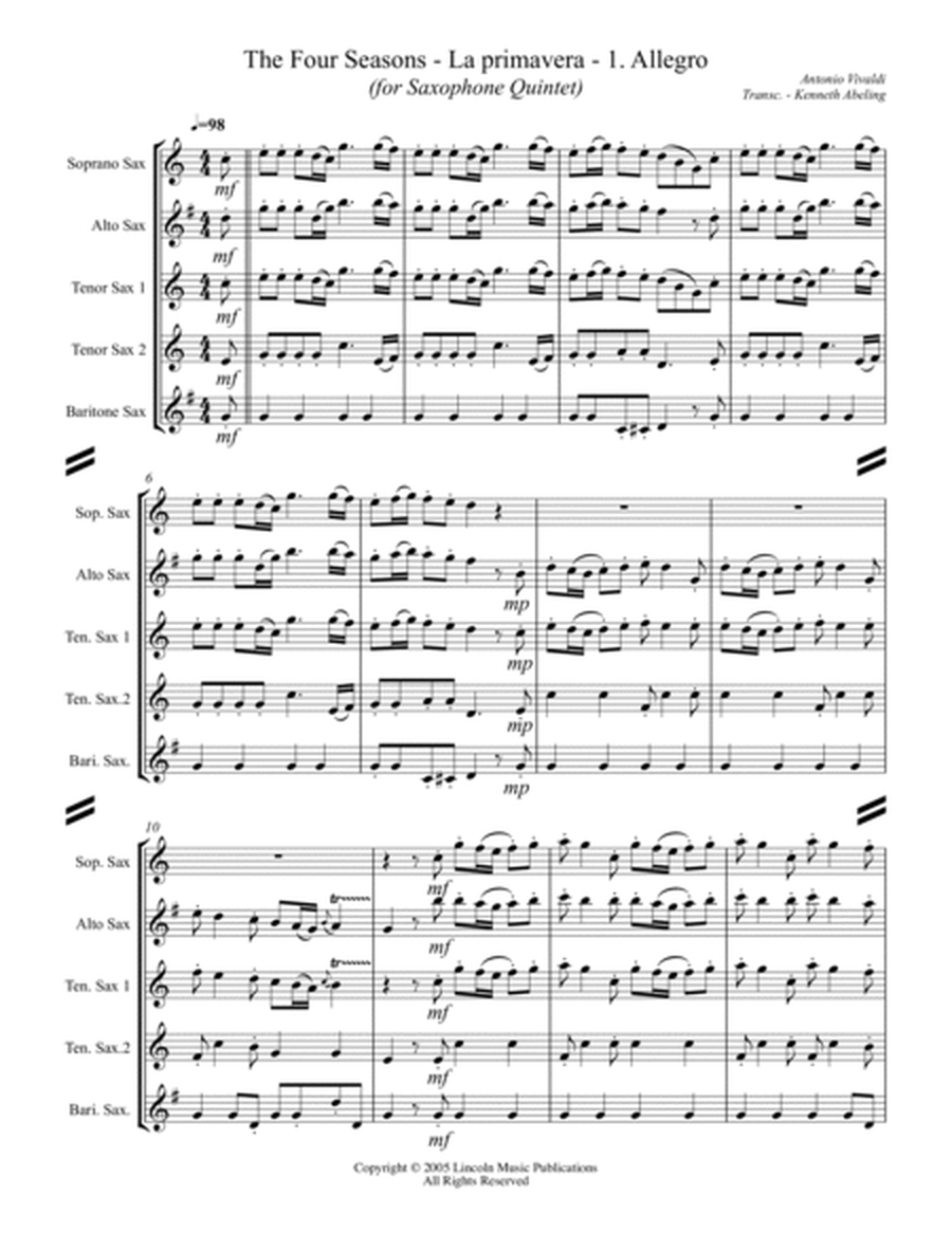 Vivaldi - La primavera - I. Allegro from The Four Seasons (for Saxophone Quintet SATTB) image number null
