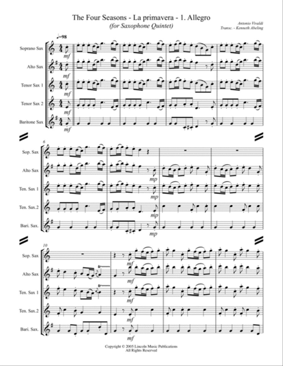Vivaldi - La primavera - I. Allegro from The Four Seasons (for Saxophone Quintet SATTB) Saxophone Quintet scores gallery preview page 2