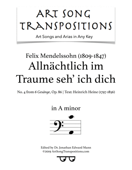 MENDELSSOHN: Allnächtlich im Traume seh' ich dich, Op. 86 no. 4 (transposed to A minor, bass clef)