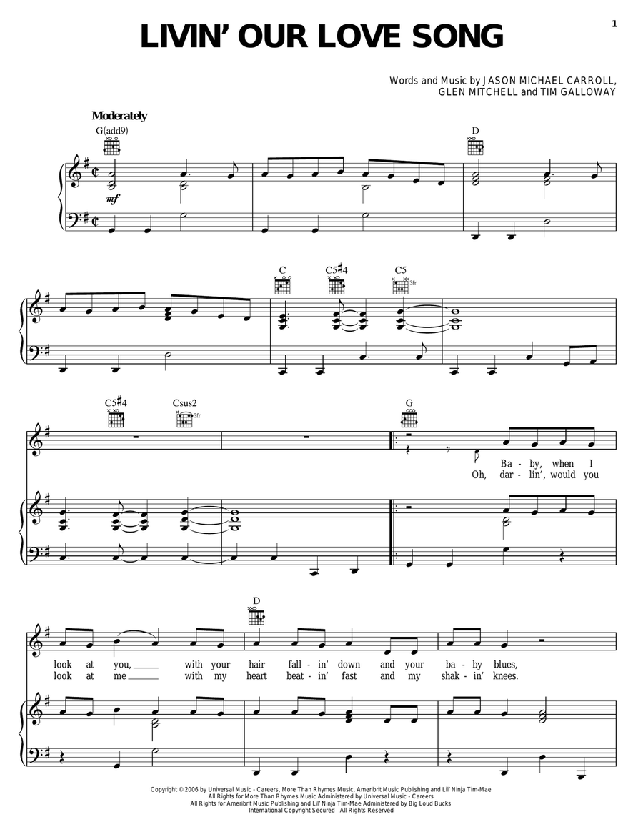 Livin' Our Love Song Livin' Our Love Song Piano, Vocal, Guitar scores gallery preview page 1