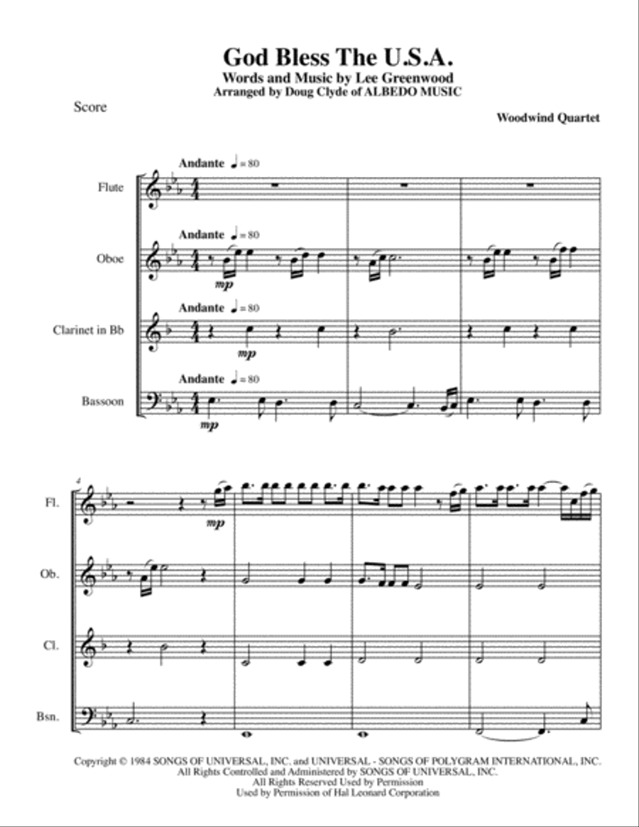 God Bless The U.S.A. Woodwind Quartet scores gallery preview page 1