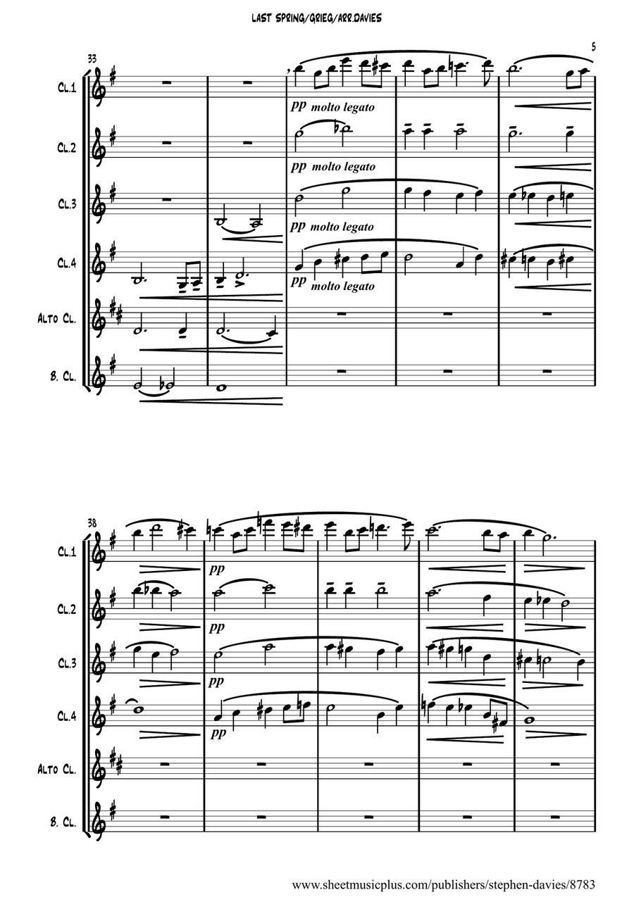 'Last Spring' by Edvard Grieg for Clarinet Sextet. Woodwind Ensemble scores gallery preview page 5