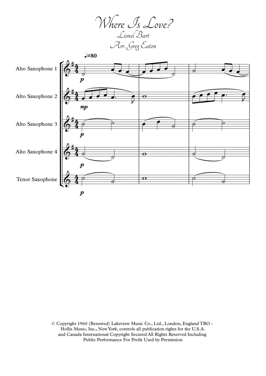 Where Is Love? Saxophone Quintet scores gallery preview page 1