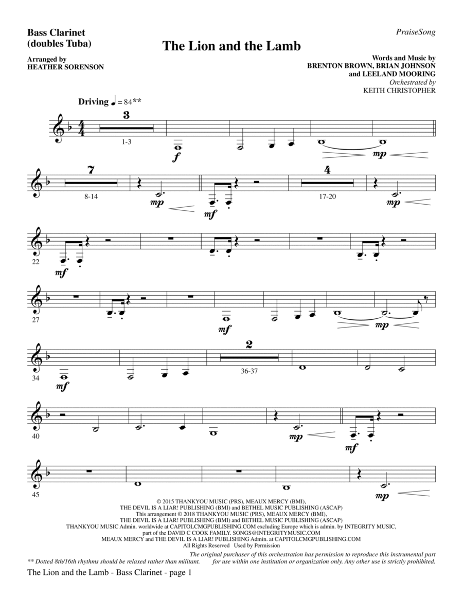 The Lion and the Lamb (with All Hail the Power of Jesus' Name) - Bass Clarinet (sub. Tuba) Choir scores gallery preview page 1