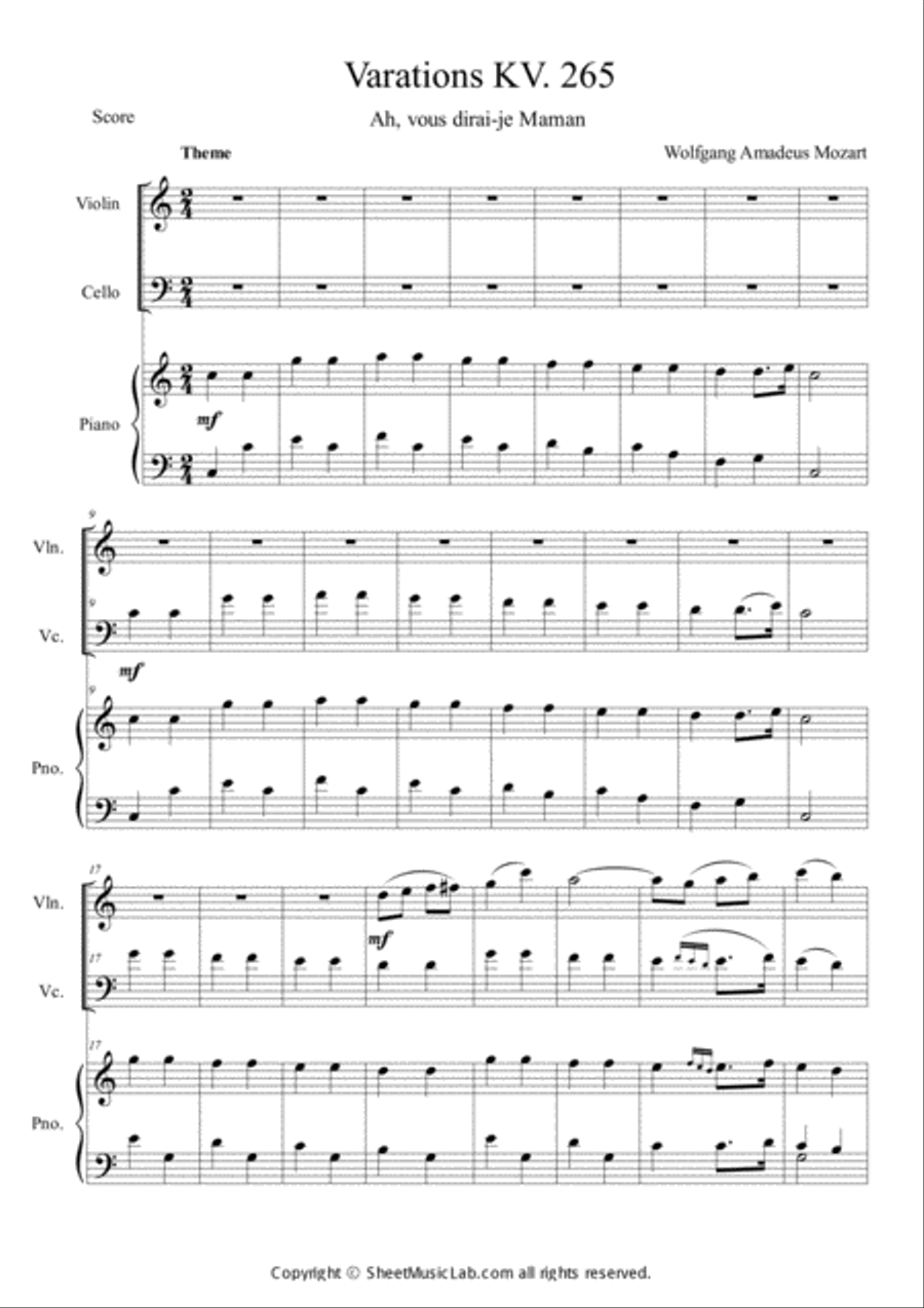 Varations KV.265 Piano Trio scores gallery preview page 1