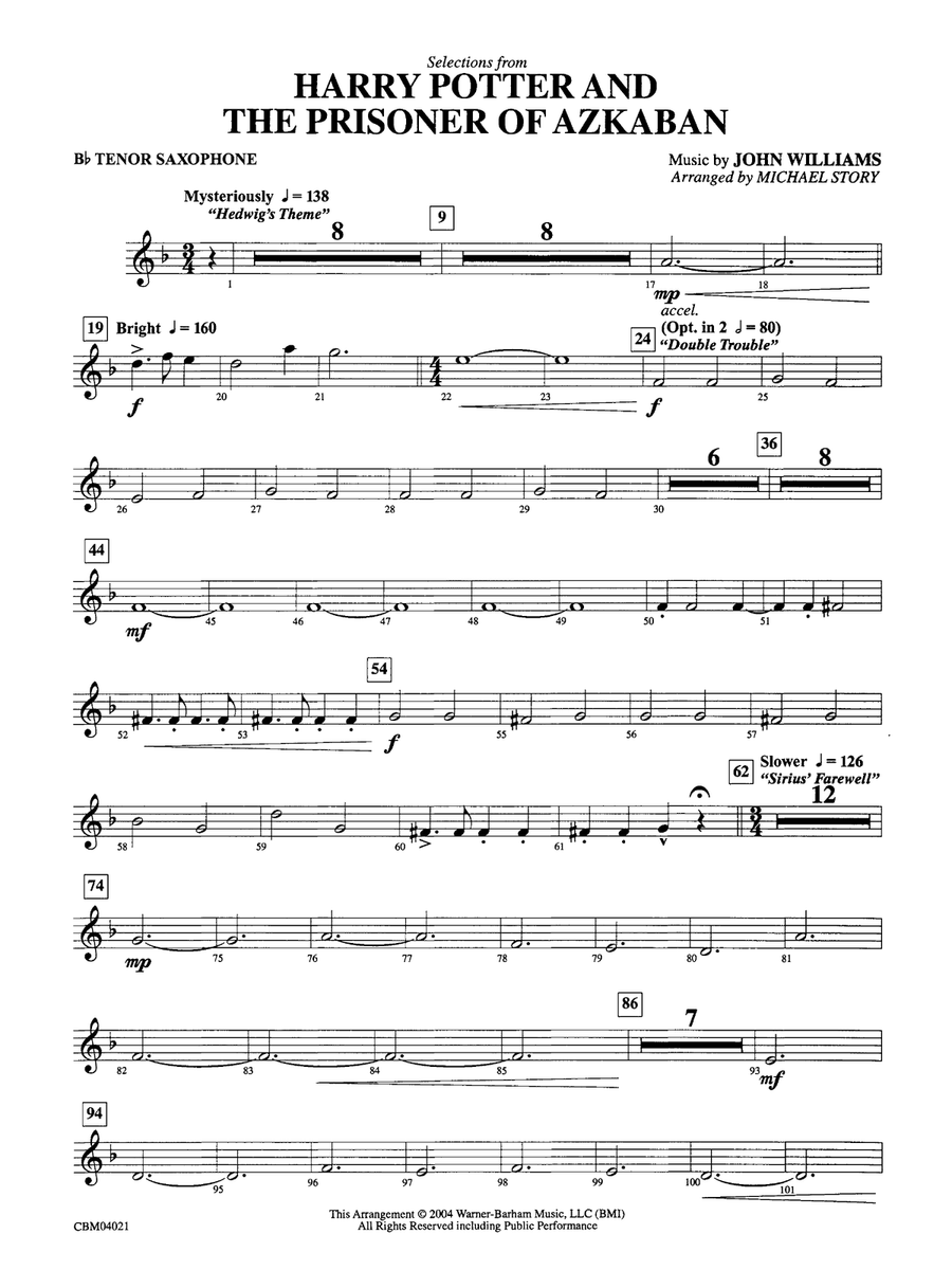 Harry Potter and the Prisoner of Azkaban, Selections from: B-flat Tenor Saxophone