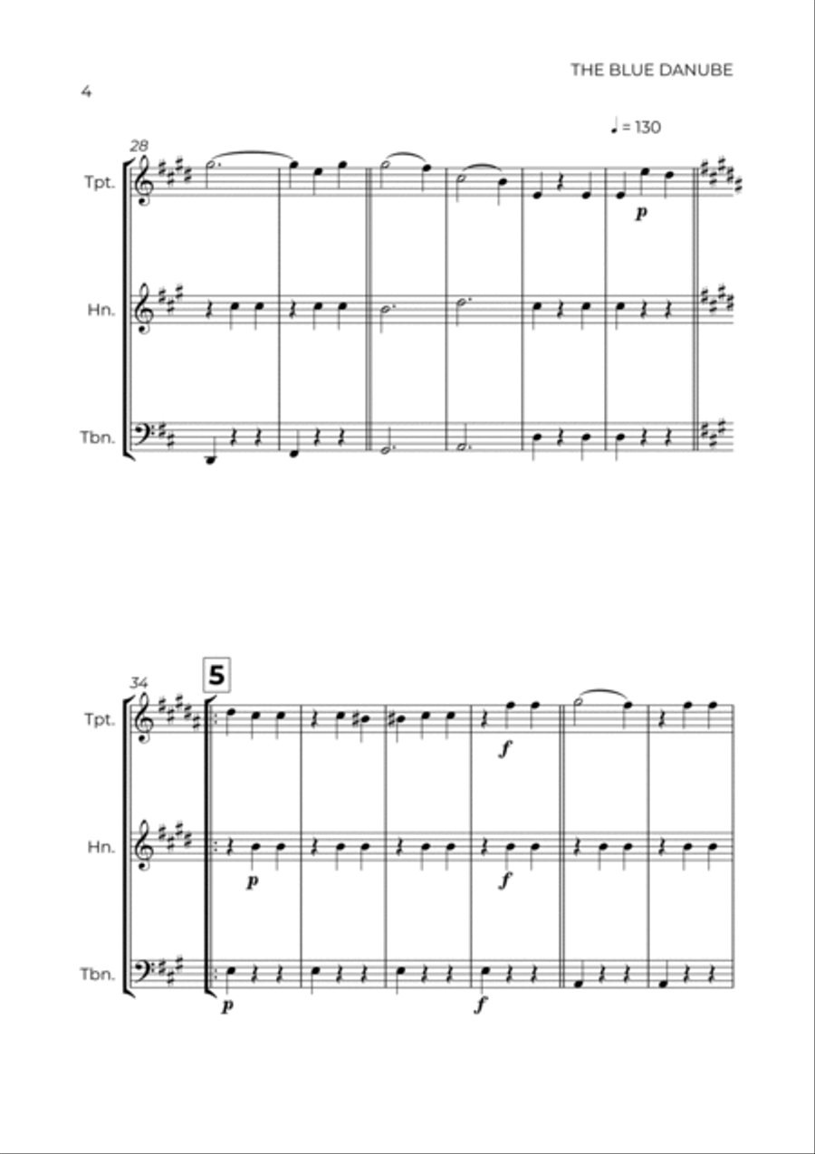 THE BLUE DANUBE - JOHANN STRAUSS - BRASS TRIO (TRUMPET, HORN & TROMBONE) Brass Trio scores gallery preview page 4