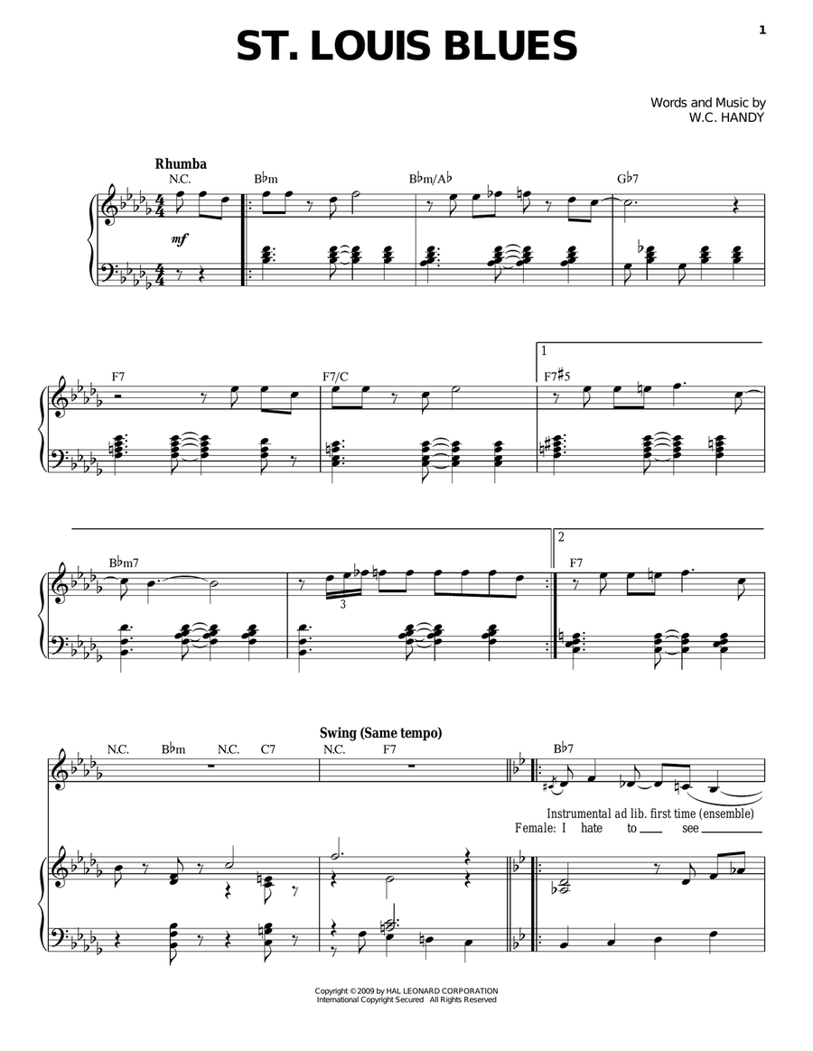 St. Louis Blues Piano, Vocal scores gallery preview page 1