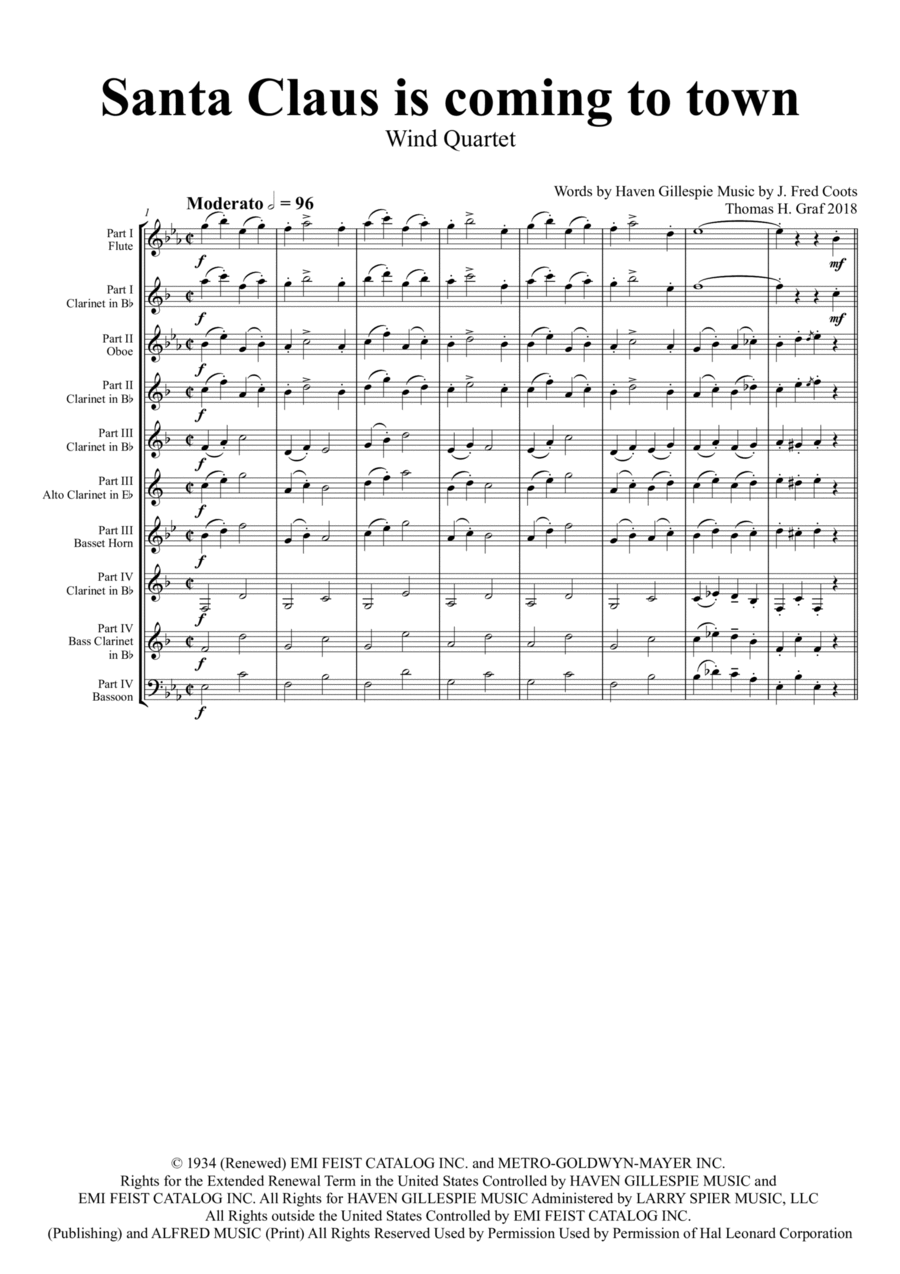 Santa Claus Is Comin' To Town Woodwind Quartet scores gallery preview page 1