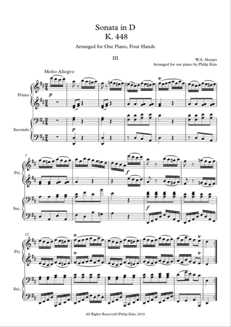 Mozart Sonata in D, K. 448 for 2 Pianos (3rd movement) Arranged for 1 piano-4 hands by Philip Kim 1 Piano, 4-Hands scores gallery preview page 2