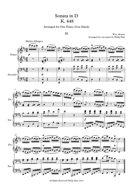 Mozart Sonata in D, K. 448 for 2 Pianos (3rd movement) Arranged for 1 piano-4 hands by Philip Kim