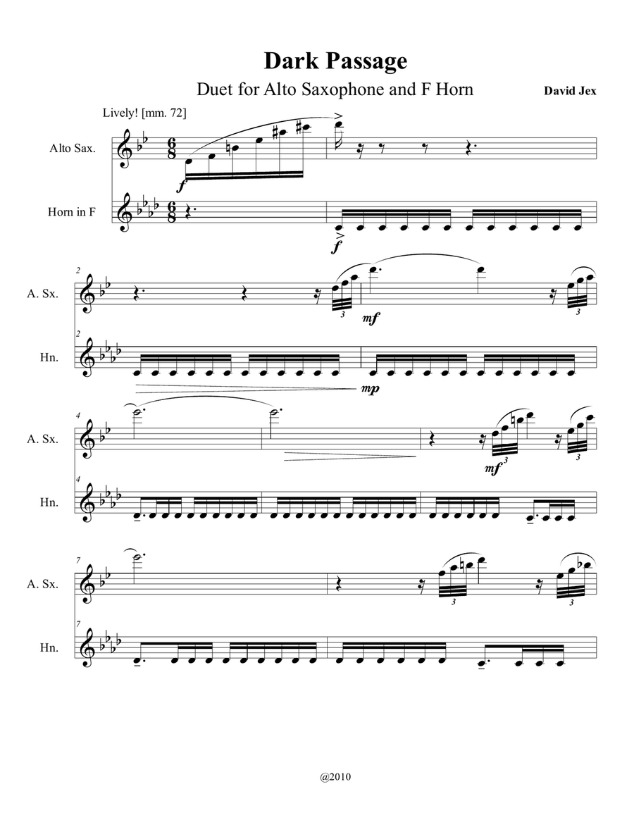 Dark Passage, Duet for Alto Saxophone and F Horn Woodwind Duet scores gallery preview page 1