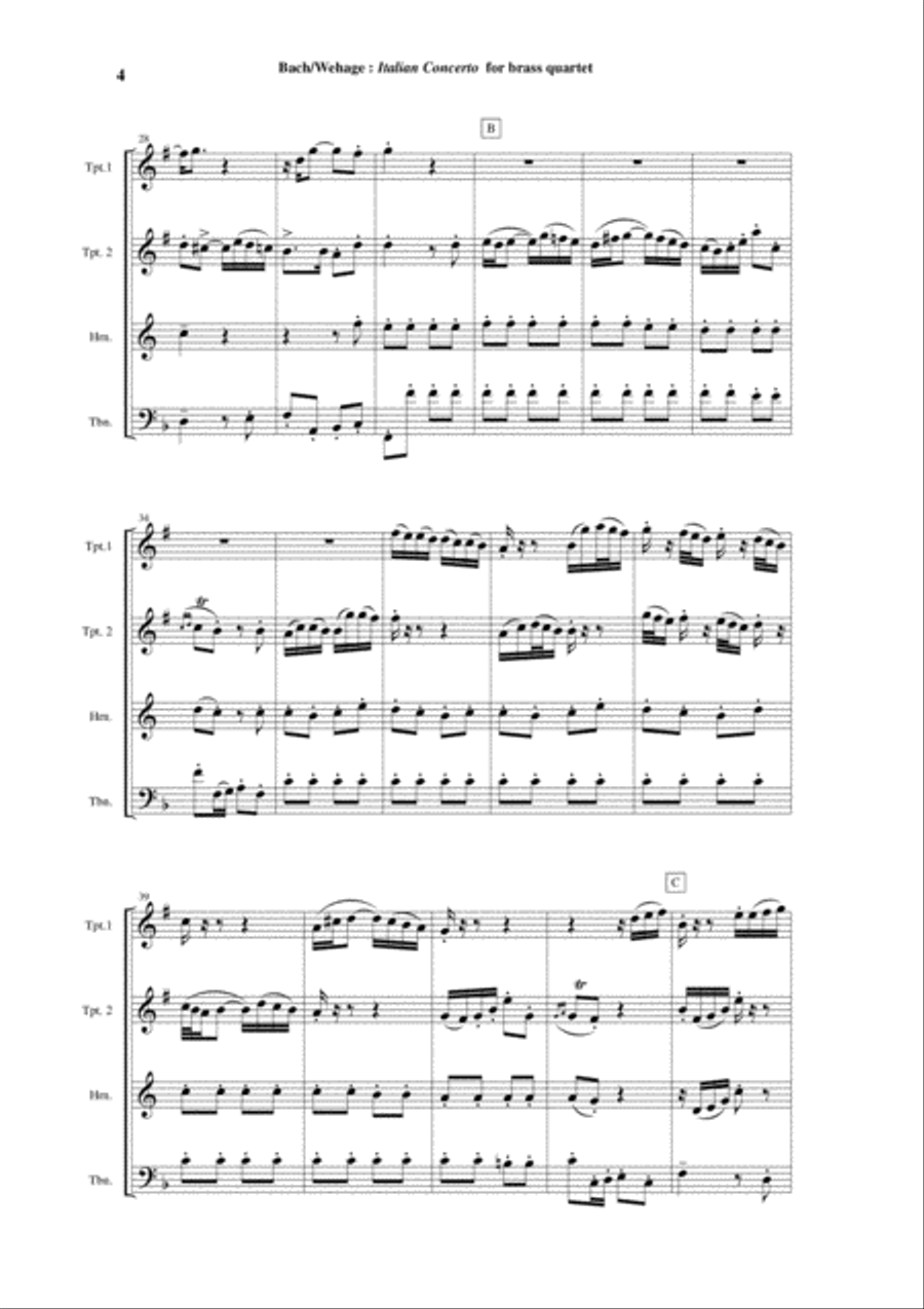 J. S. Bach: Italian Concerto BWV 971, arranged for two Bb trumpets, F horn and trombone or tuba Brass Ensemble scores gallery preview page 4