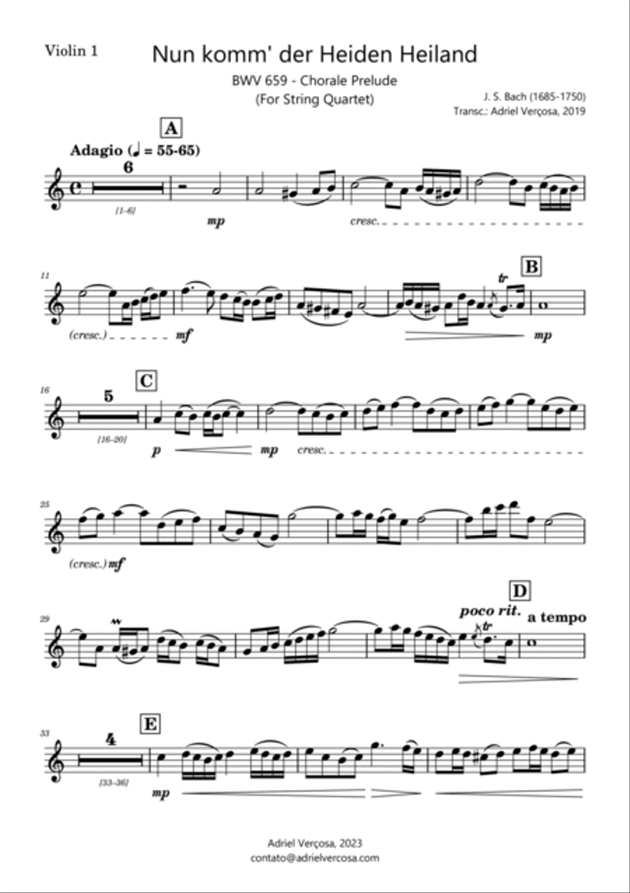 Nun komm' der Heiden Heiland - BWV 659 - Bach Chorale Prelude - String Quartet String Quartet scores gallery preview page 5