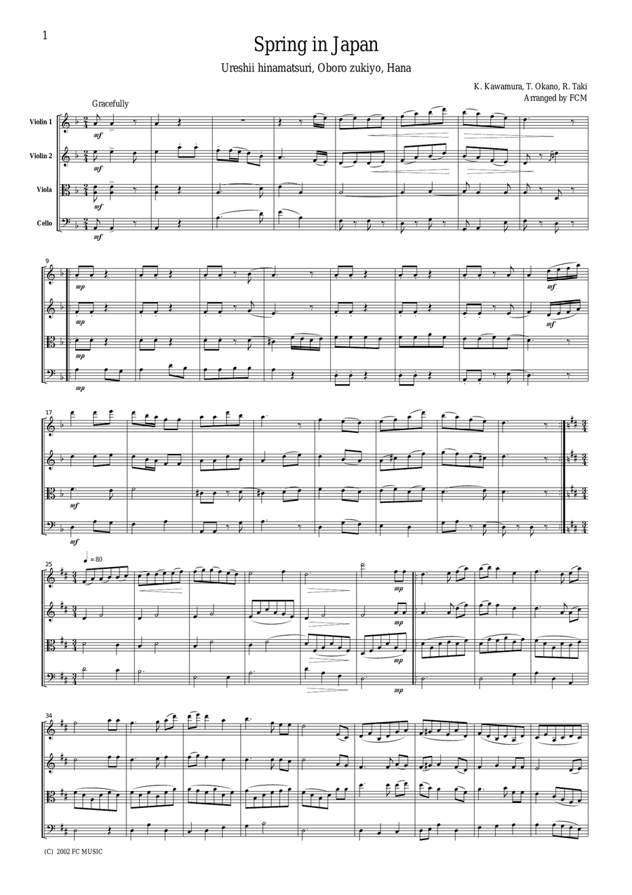 Japanese famous songs (medley) Spring in Japan(Ureshii hinamatsuri, Oboro zukiyo, Hana), for string String Quartet scores gallery preview page 1