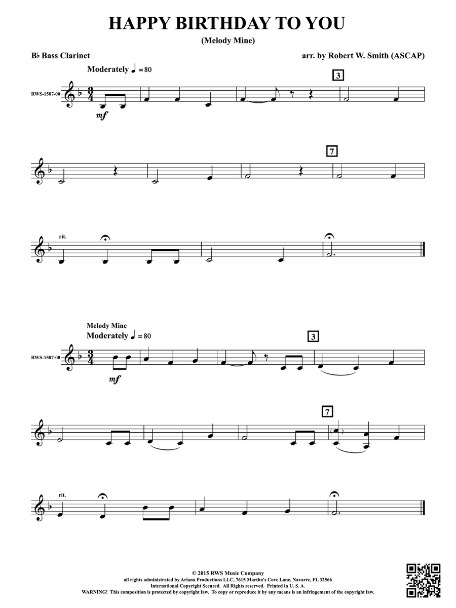 Happy Birthday to You: B-flat Bass Clarinet Bass Clarinet scores gallery preview page 1