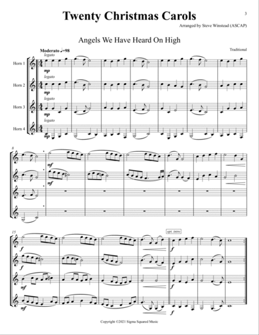 Twenty Christmas Carols for French Horn Quartet French Horn Quartet scores gallery preview page 3