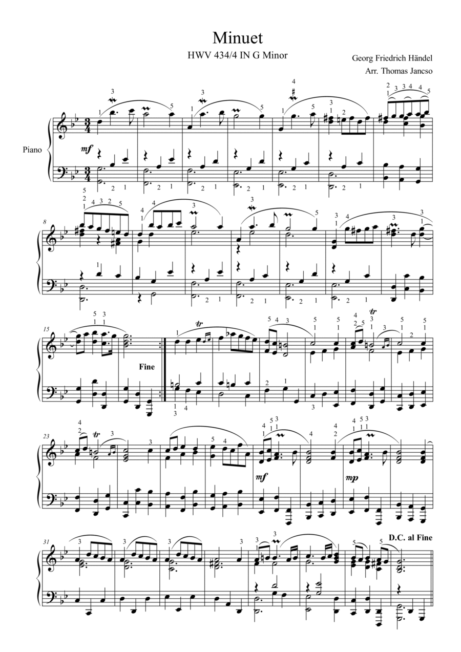 Handel Minuet in G Minor Piano Solo scores gallery preview page 1