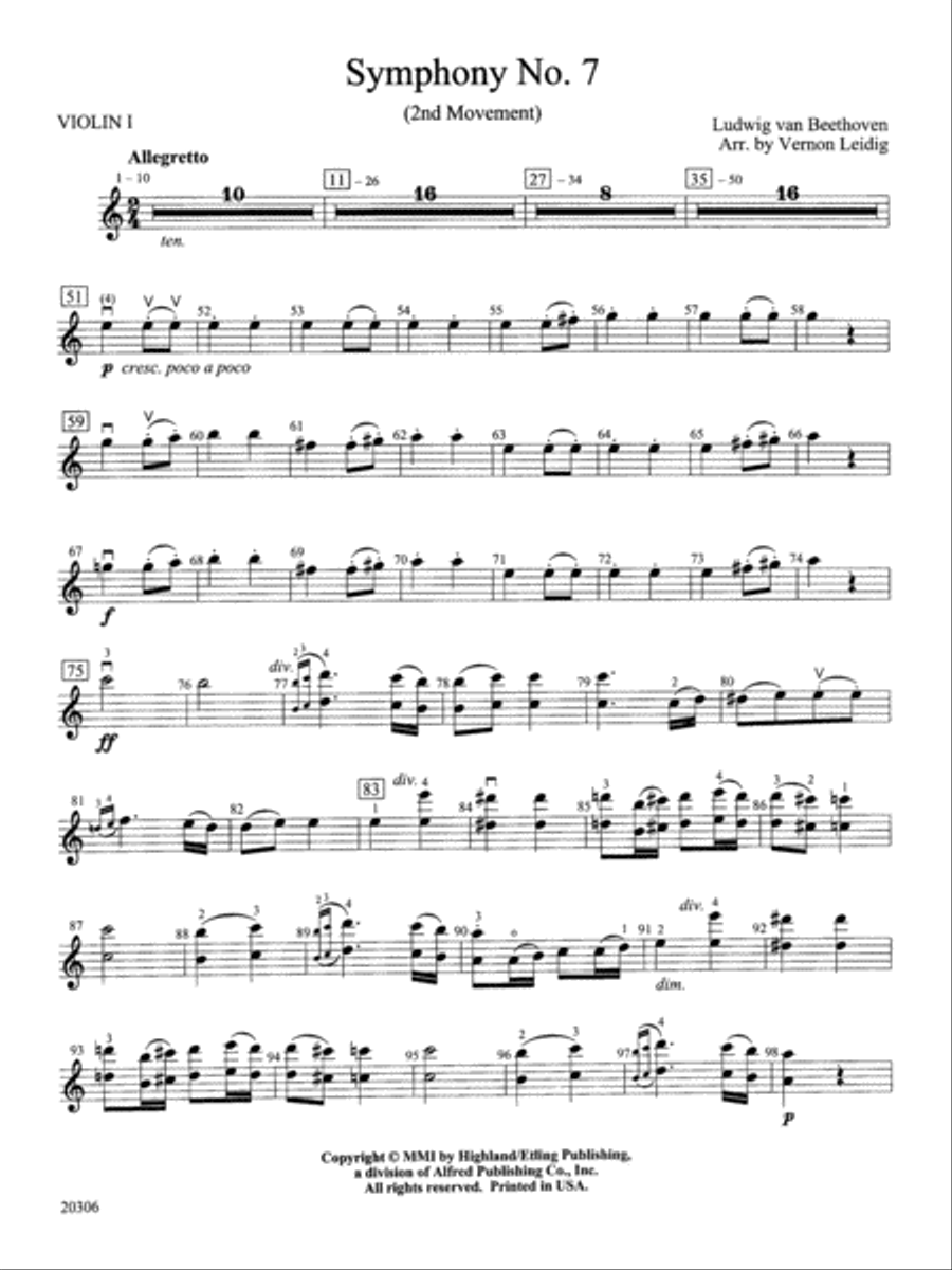 Symphony No. 7 (2nd Movement): 1st Violin Full Orchestra scores gallery preview page 1