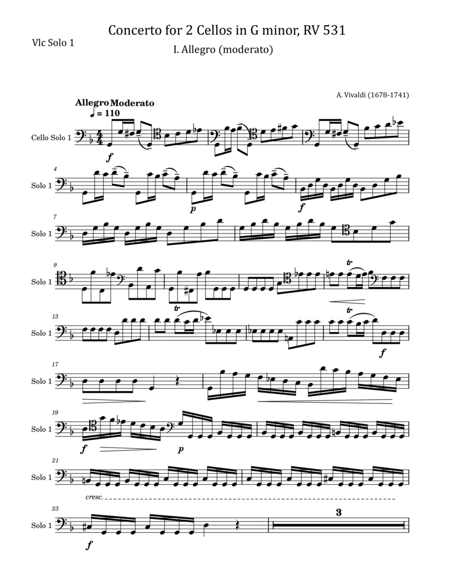 Vivaldi Concerto for 2 Cellos in G minor, RV 531 - I. Allegro - For Cell Solo Original Cello Solo scores gallery preview page 1