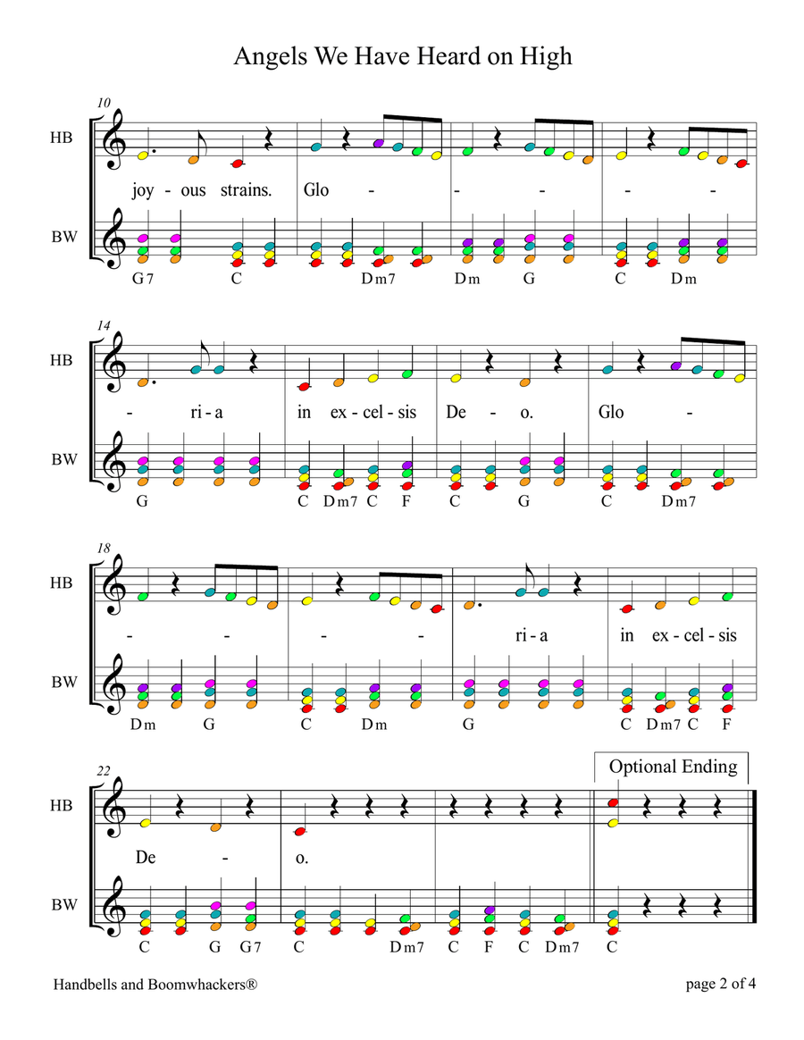 Angels We have Heard on High for 8-note Bells and Boomwhackers (with Color Coded Notes) Handbell Choir scores gallery preview page 6