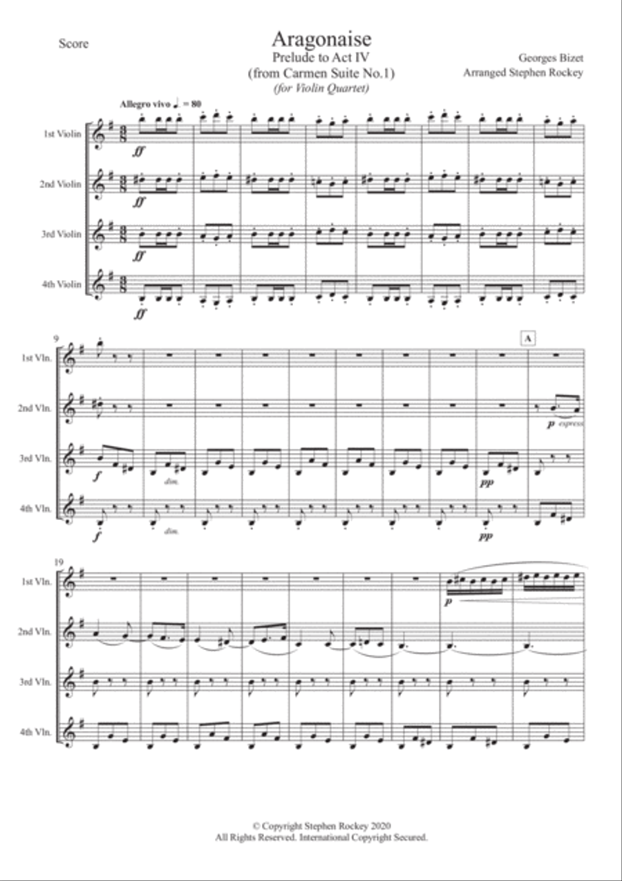 Aragonaise from Carmen for Violin Quartet Violin Solo scores gallery preview page 3