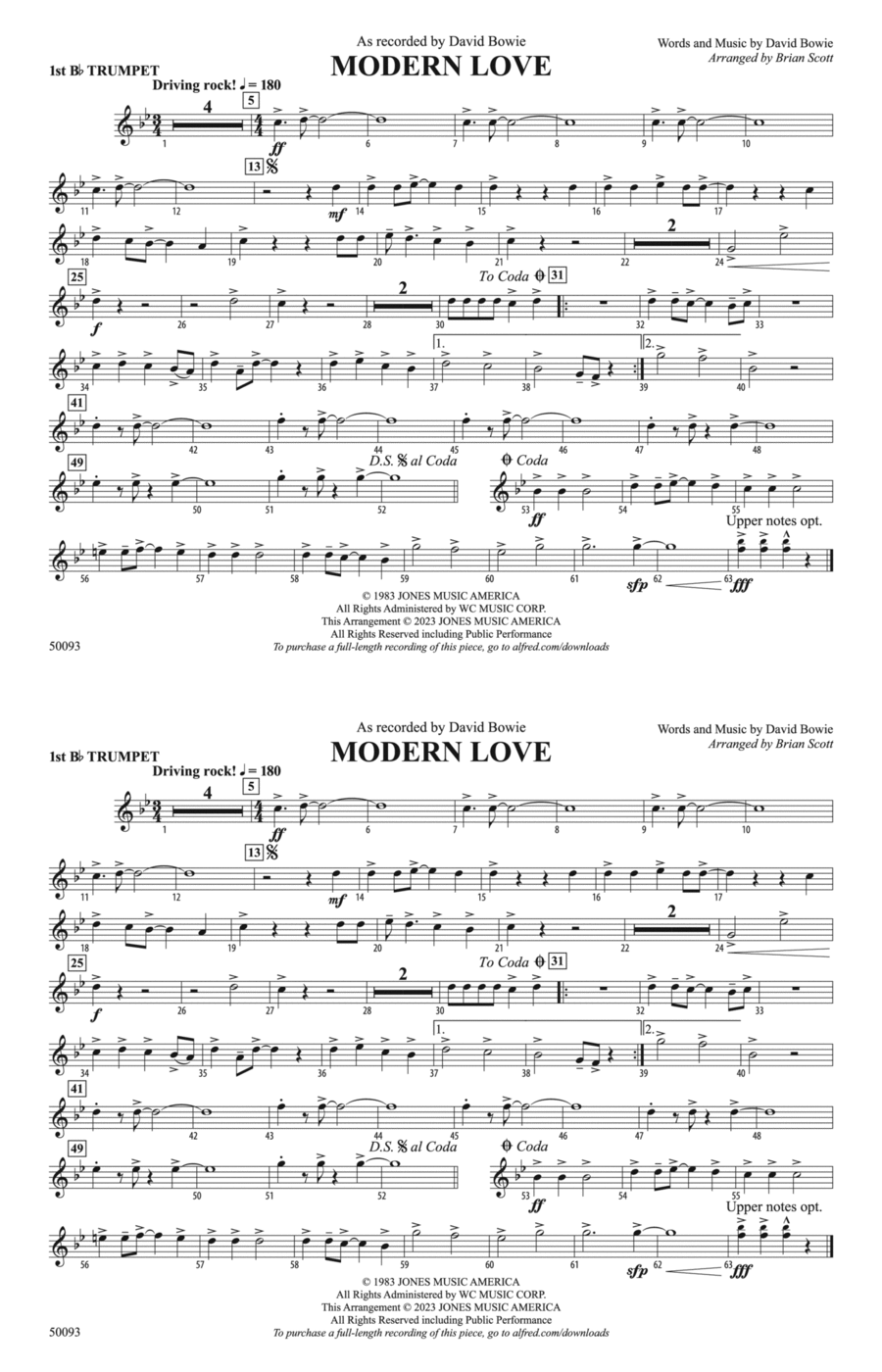 Modern Love: 1st B-flat Trumpet Marching Band scores gallery preview page 1