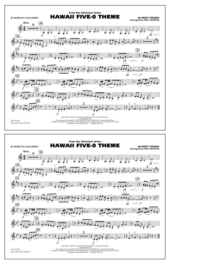 Hawaii Five-O Theme - Bb Horn/Flugelhorn Marching Band scores gallery preview page 1