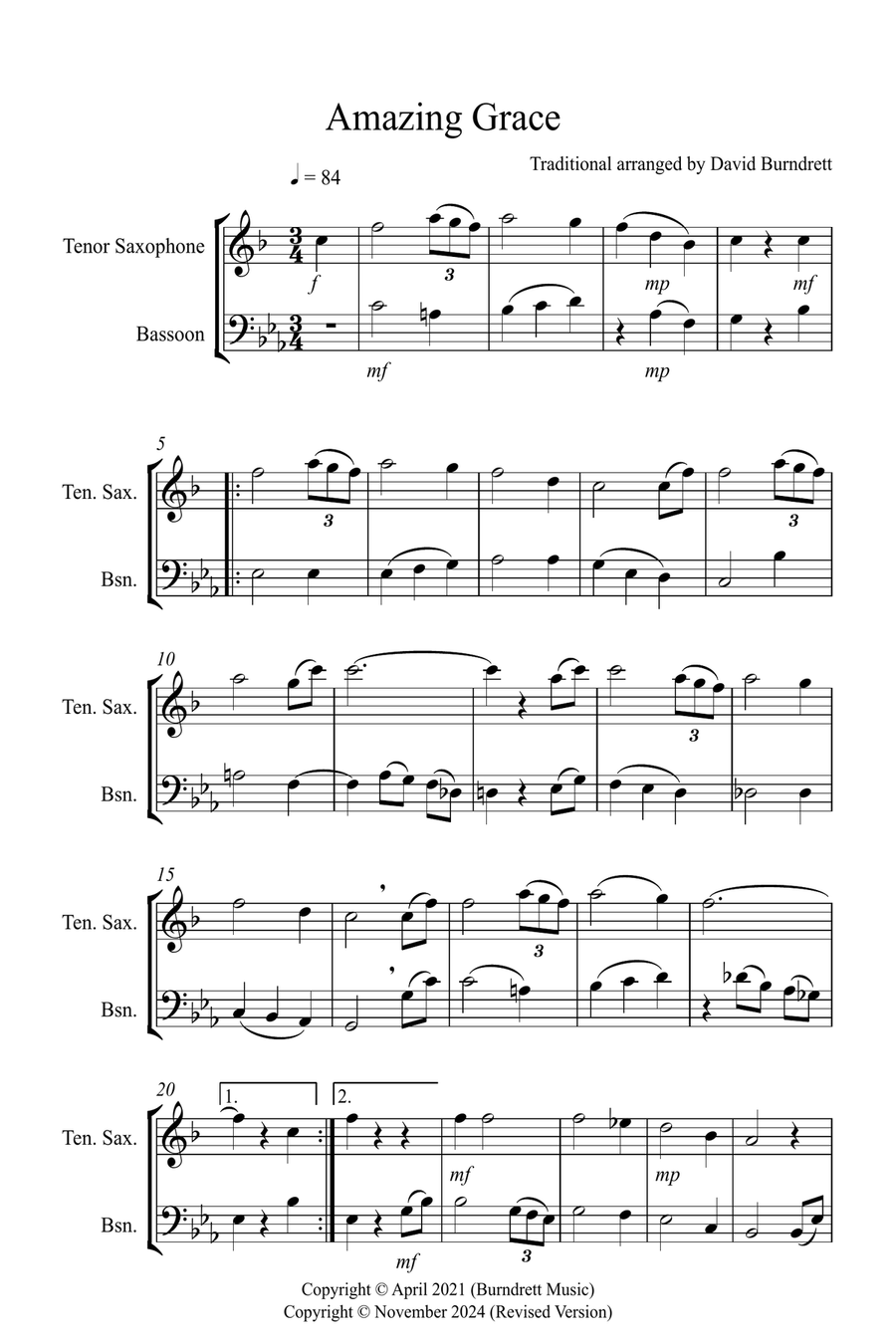 Amazing Grace for Tenor Saxophone and Bassoon Duet Woodwind Duet scores gallery preview page 1