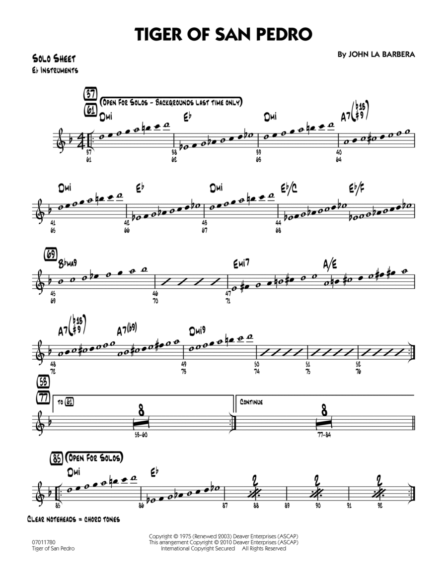 Tiger Of San Pedro - Eb Solo Sheet