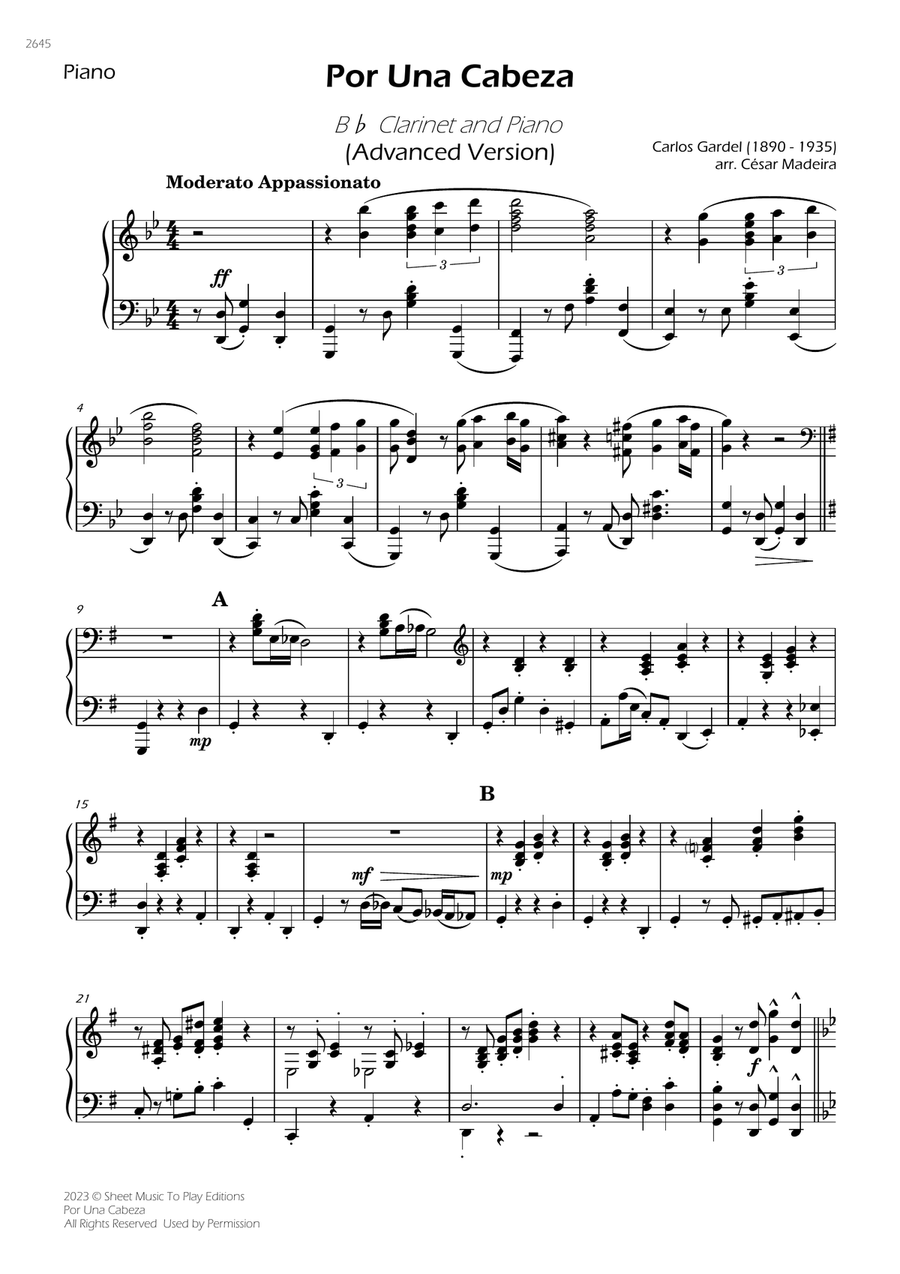 Por Una Cabeza - Bb Clarinet and Piano - Advanced (Individual Parts) B-Flat Clarinet scores gallery preview page 3